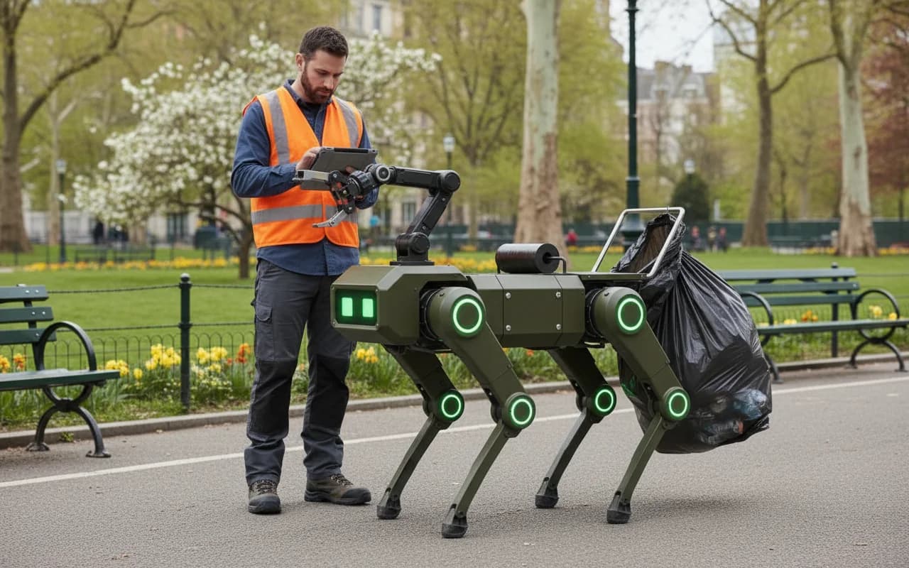 CleanWalker robot working alongside a city maintenance worker in an urban park