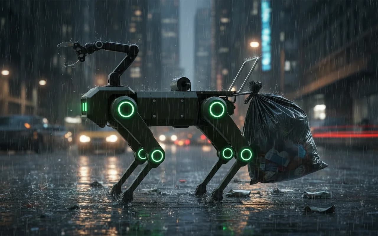 CleanWalker robot operating at night with LED illumination on a city sidewalk